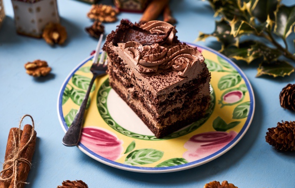 Кусок торта с кремом и шоколадом на тарелке 