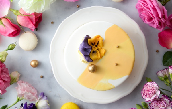 Красивый торт на белой тарелке с цветами вид сверху 