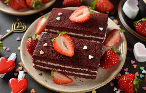 Пирожное с ягодами клубники на столе 