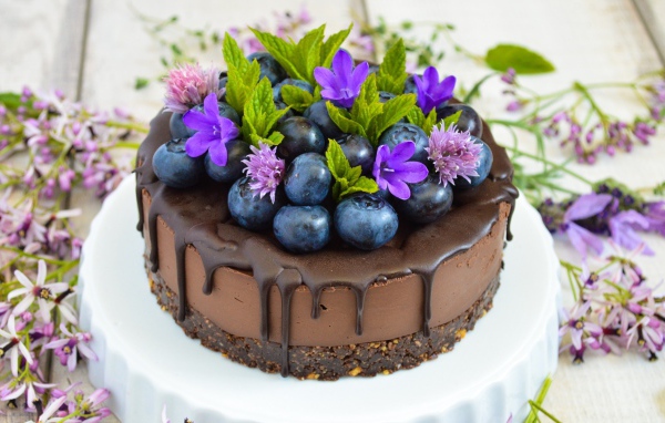 Шоколадный торт с ягодами черники и цветами 