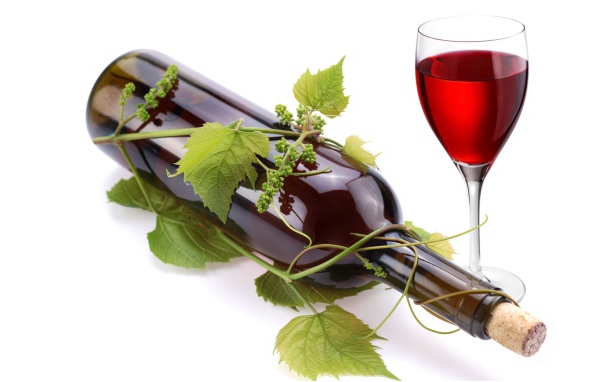 Бутылка вина в виноградной лозе с бокалом на белом фоне