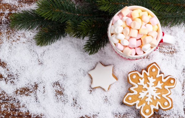 Чашка с маршмеллоу на столе с печеньем и еловой веткой 