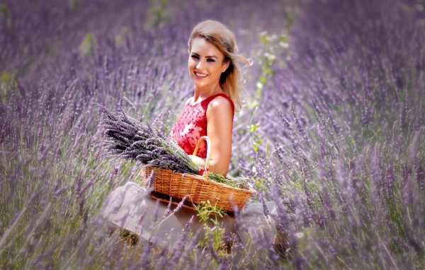 Красивая улыбающаяся девушка с корзиной на лавандовом поле