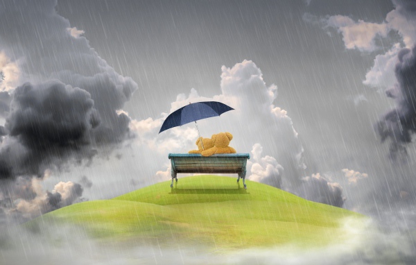 Влюбленные плюшевые мишки на лавке под дождем