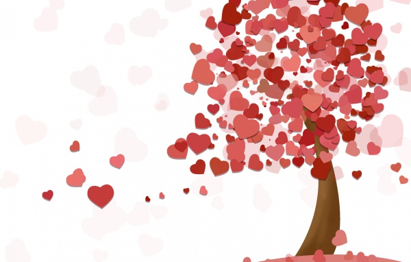 Дерево из красных сердечек на белом фоне