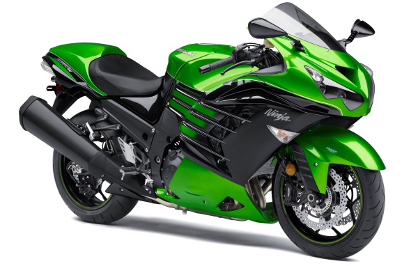 Зеленый мотоцикл Kawasaki Ninja ZX-14R на белом фоне