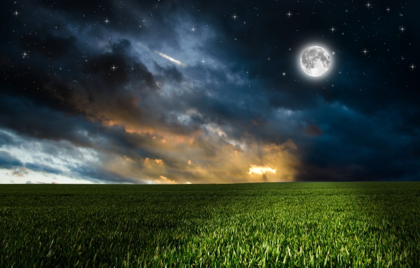Зеленое поле под красивым небом с яркой луной ночью
