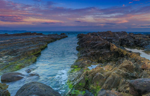 Покрытые мхом камни в морском заливе