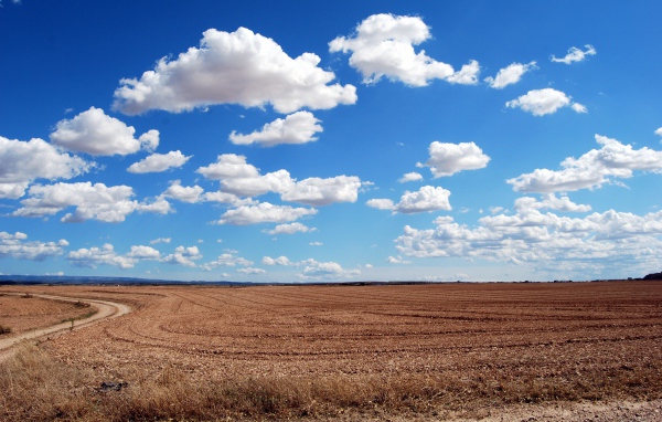 Белые пушистые облака в голубом небе над полем осенью 