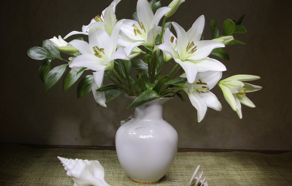 Красивый букет белых лилий в вазе 
