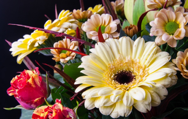 Букет с цветами герберы, розы и хризантемы