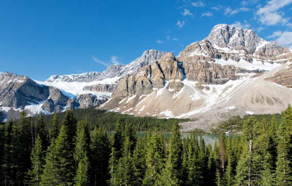 Заснеженные горы с озера у зеленого леса под голубым небом