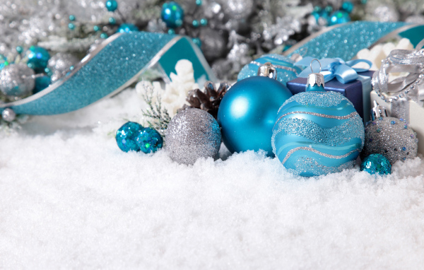 Beautiful Christmas balls on snow for New Year and Christmas 2019
