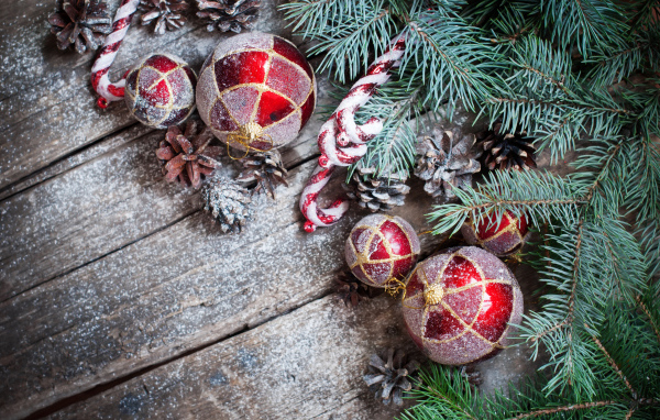 Красные еловые игрушки, шишки и зеленая еловая ветка на Новый год и Рождество 2019 