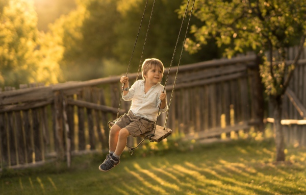 Маленький мальчик катается на качели летом
