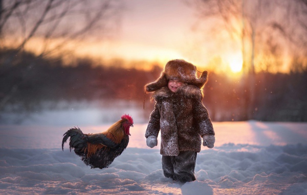 Маленький мальчик с петухом на снегу зимой