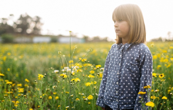 Маленькая девочка на поле с желтыми полевыми цветами