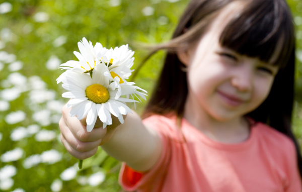 Маленькая девочка с ромашками в руке