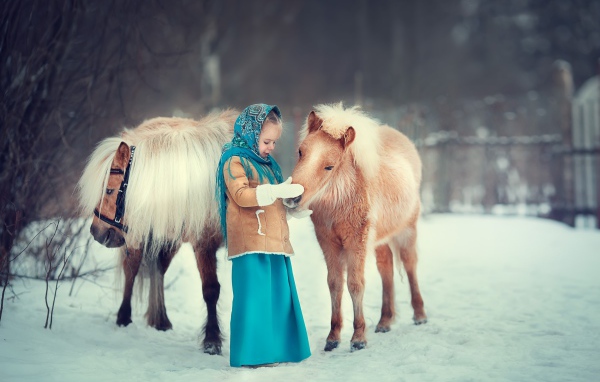 Маленькая девочка с пони зимой