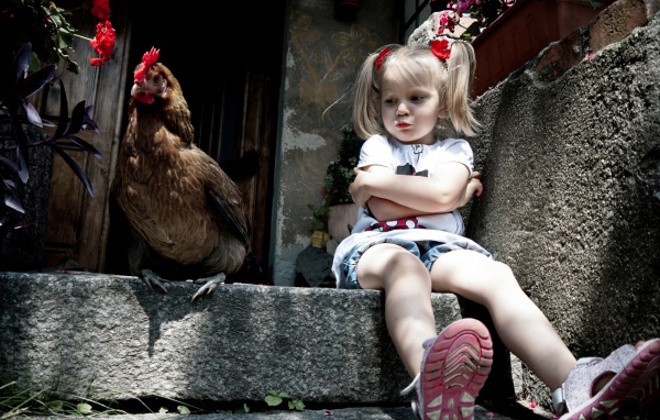 Маленькая обиженная девочка сидит на пороге с курицей