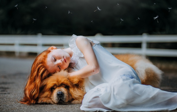 Маленькая рыжеволосая девушка в белом платье с собакой