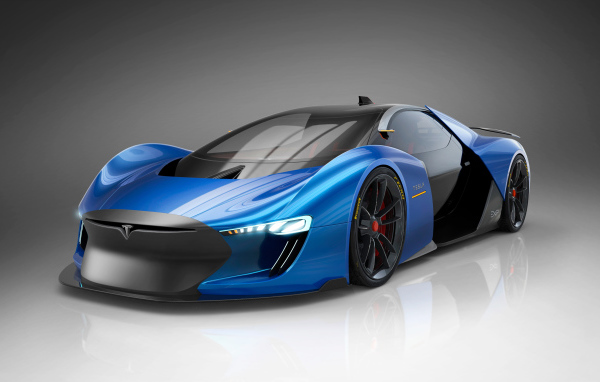 Дорогой автомобиль Tesla Model EXP, 2018 на сером фоне