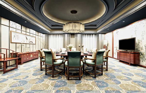 Большая гостиная комната со столом и большой люстрой