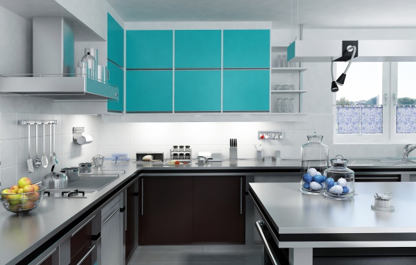 Стильная кухня сером и голубом цвете