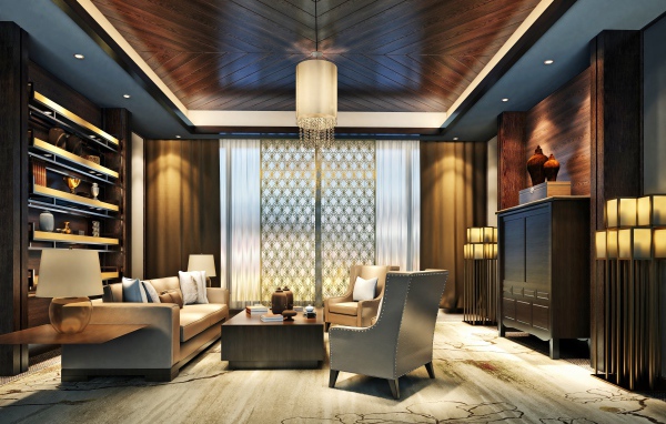 Стильная гостиная с деревянной отделкой