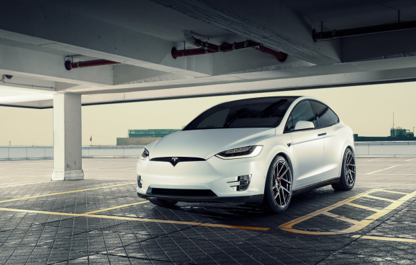 Белый электрический автомобиль Tesla Model X, 2018