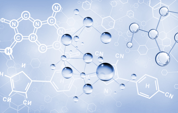 Химические соединения на голубом фоне, 3д графика