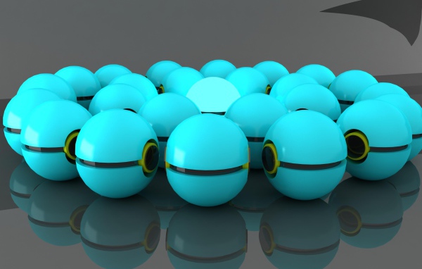 Много голубых шаров отражаются в сером поверхности 