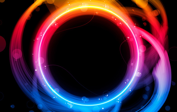 Разноцветные неоновые круги с бликами на черном фоне