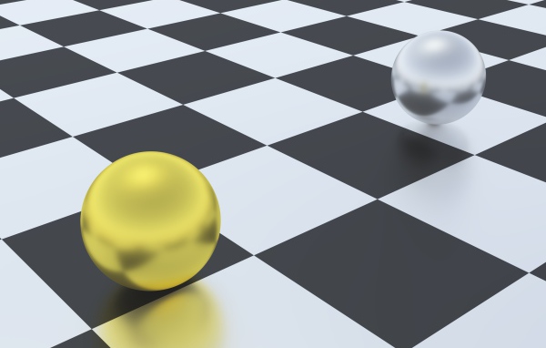 Серебряный и золотой шар на шахматной доске 3д графика
