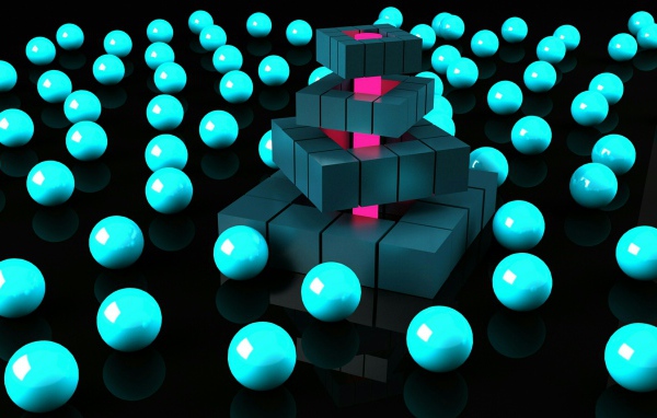 Бирюзовые шары и черные кубы на черном фоне 3д графика