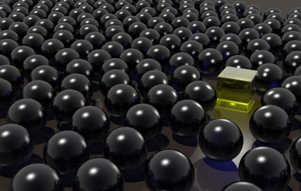 Желтый куб среди черных шаров 3д графика