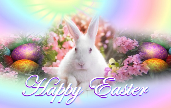 Большой белый кролик с крашеными яйцами на Пасху