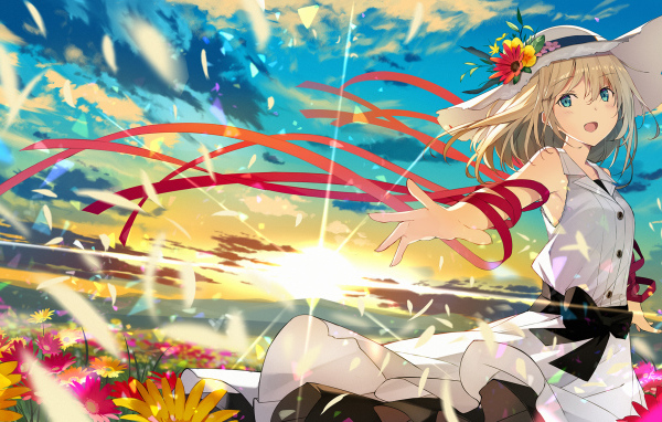 Anime girl in a hat walks across the field with flowers