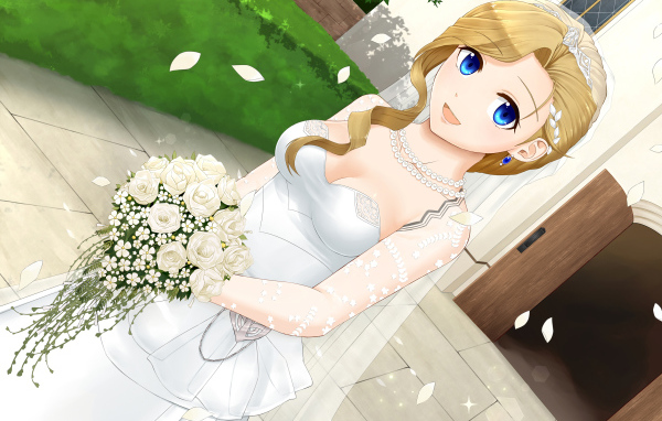 Девушка аниме в белом свадебном платье с букетом