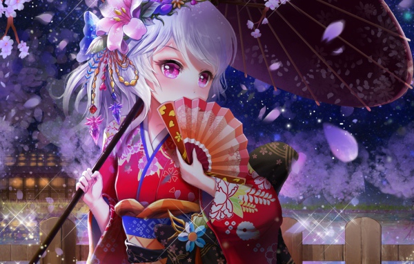Девушка аниме с веером и зонтом в руке