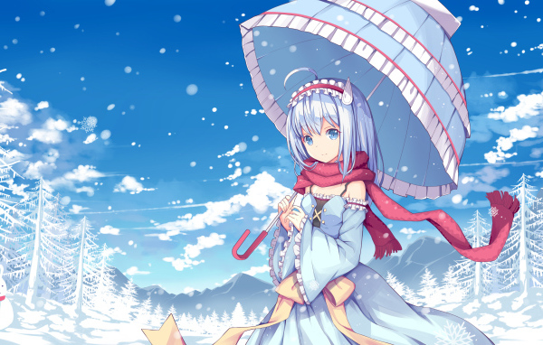 Девушка аниме с зонтом в заснеженном лесу