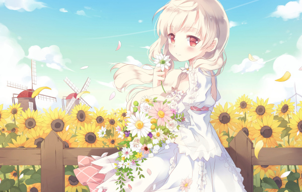 Красивая девушка аниме с букетом цветов в руках 