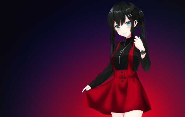 Голубоглазая девушка аниме на фиолетовом фоне