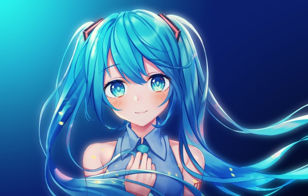 Девушка с голубыми волосами Мику Хацунэ аниме Вокалоид  на синем фоне