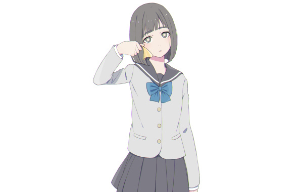 Грустная девушка аниме с форме на белом фоне