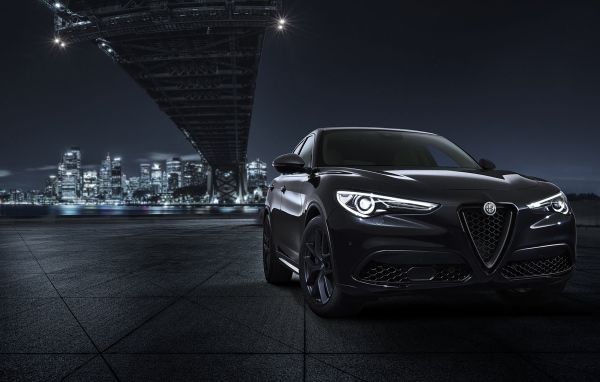 Черный автомобиль Alfa Romeo, 2019 года под мостом 