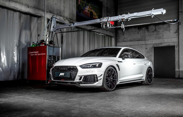 White car Audi RS 5-R Sportback 2019 in the garage