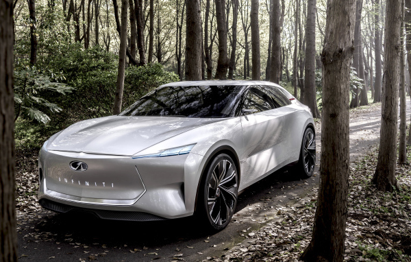 Silver car Infiniti Qs Inspiration, 2019 in the forest