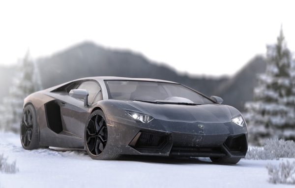 Серый спортивный автомобиль Lamborghini Aventador на снегу