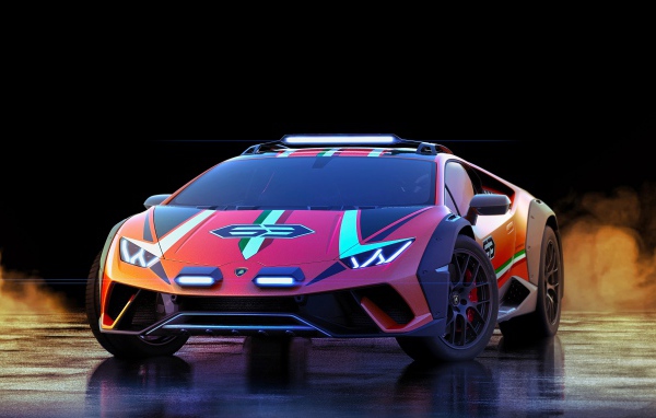 Гоночный автомобиль Lamborghini Huracan,  2019 года на мокром асфальте